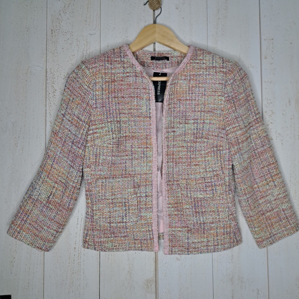 Coquette Pastelcore Light Academia Express Pink Tweed Coco Blazer Womens 4 NWT